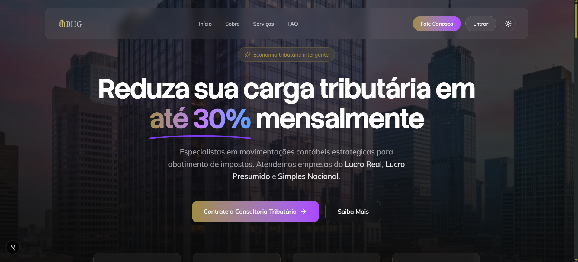 BHG website hero with a tax savings headline over a city skyline, top navigation and a contact button