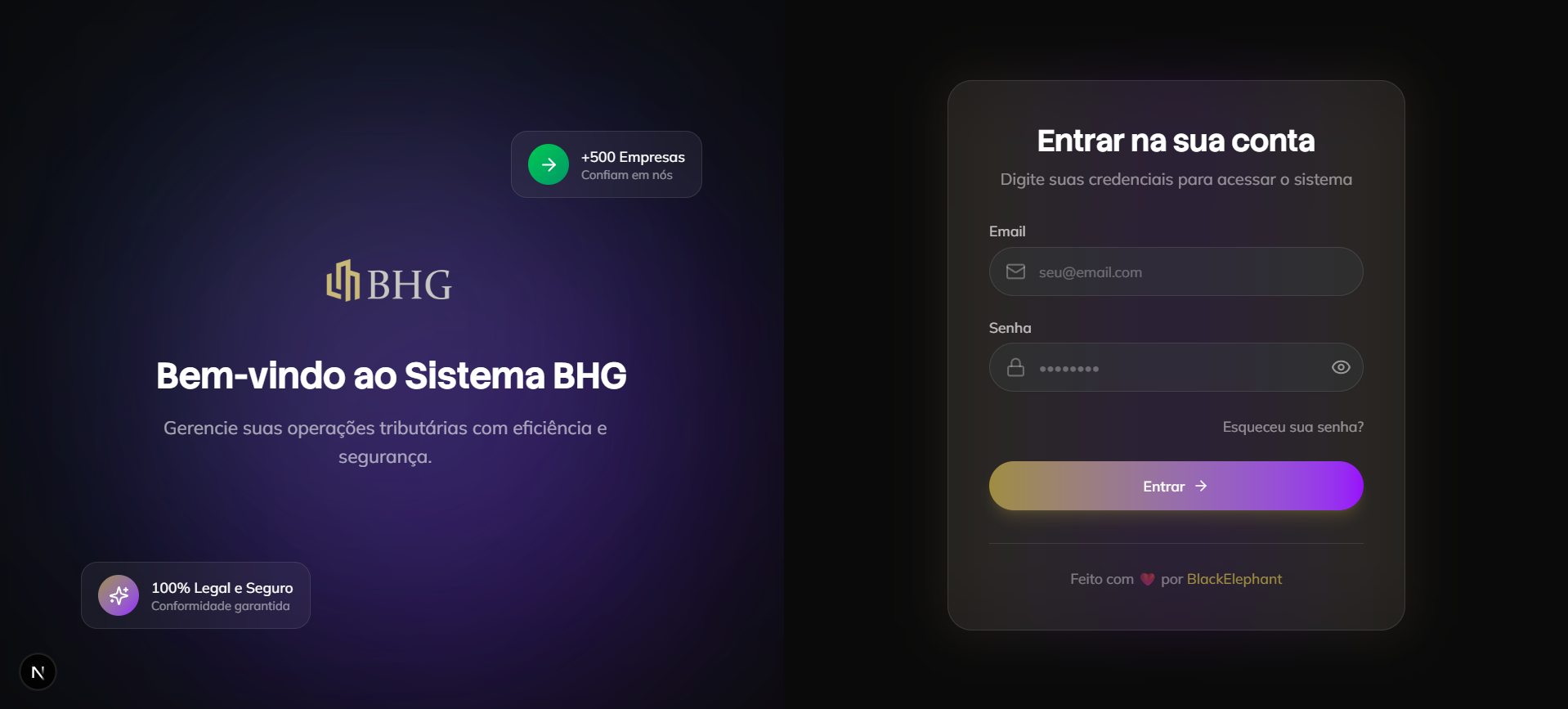 BHG platform sign-in page with the BHG logo on a purple gradient and a gold-to-purple login button