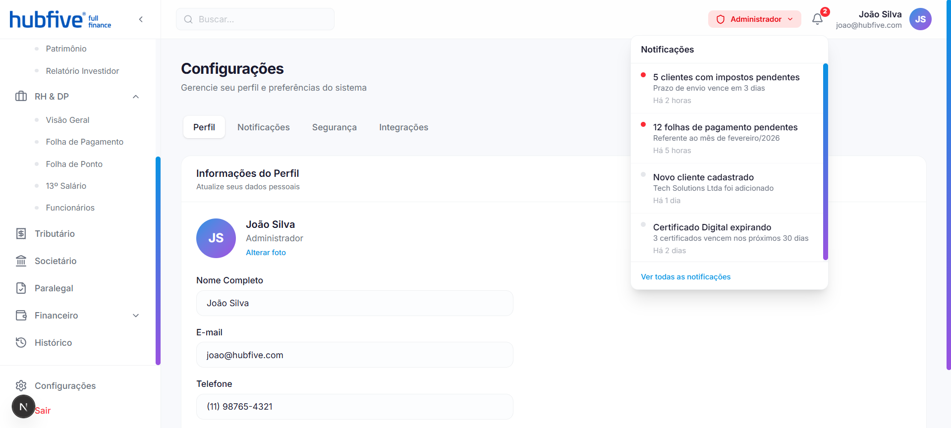 HubFive settings profile tab with the notifications dropdown open