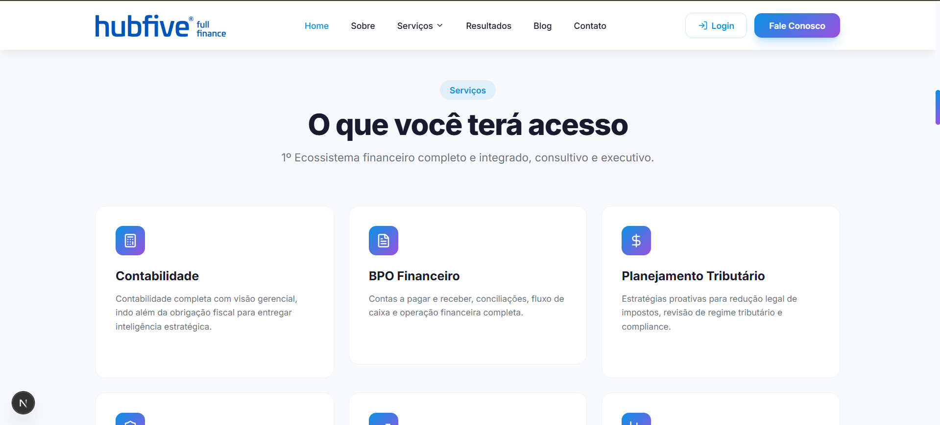 HubFive website services section with cards for accounting, financial outsourcing and tax planning