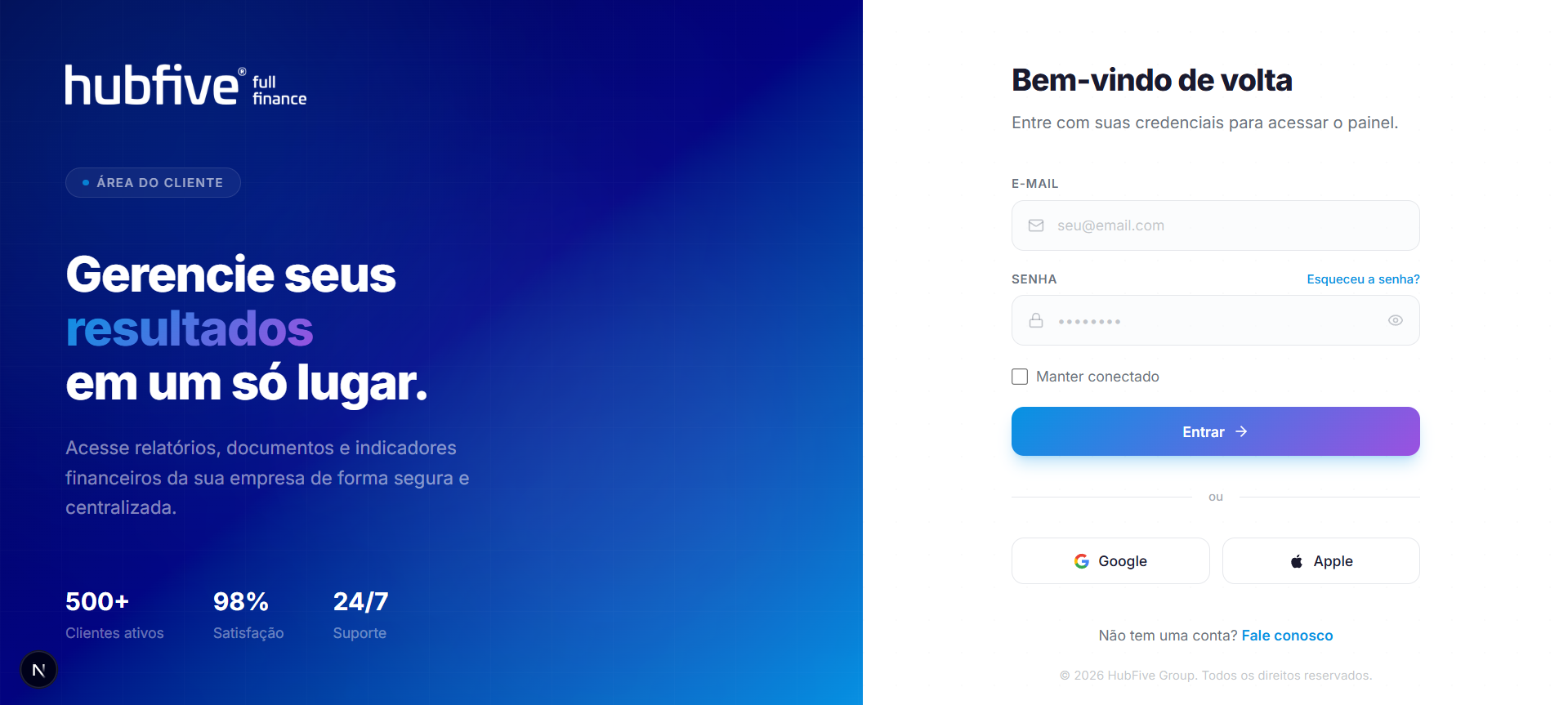 HubFive client area sign-in page with email and password fields and Google and Apple sign-in buttons