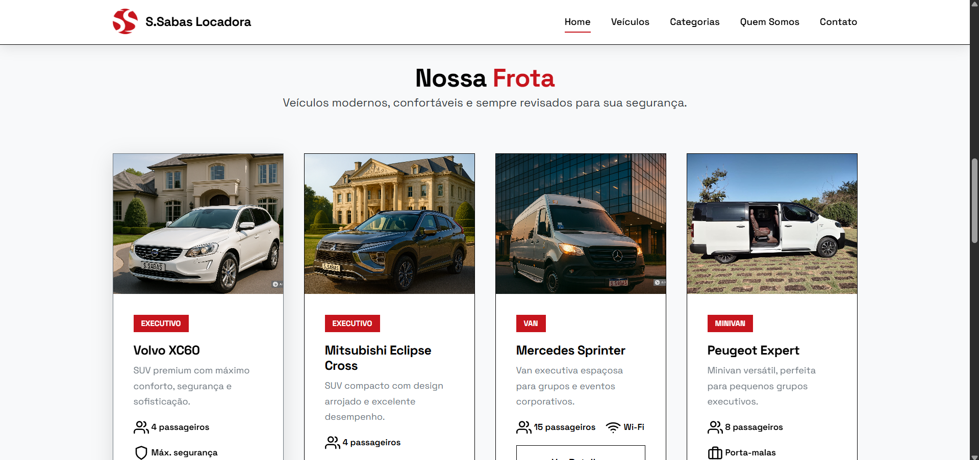 Fleet section with cards for four vehicles showing category, capacity and amenities