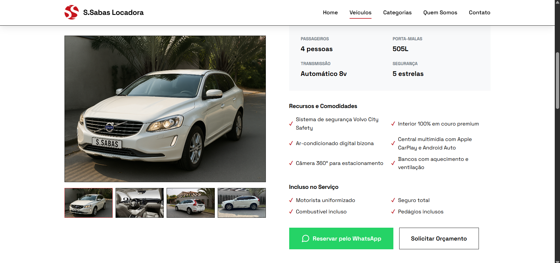 Vehicle detail page with photo gallery, specifications, features and a WhatsApp booking button