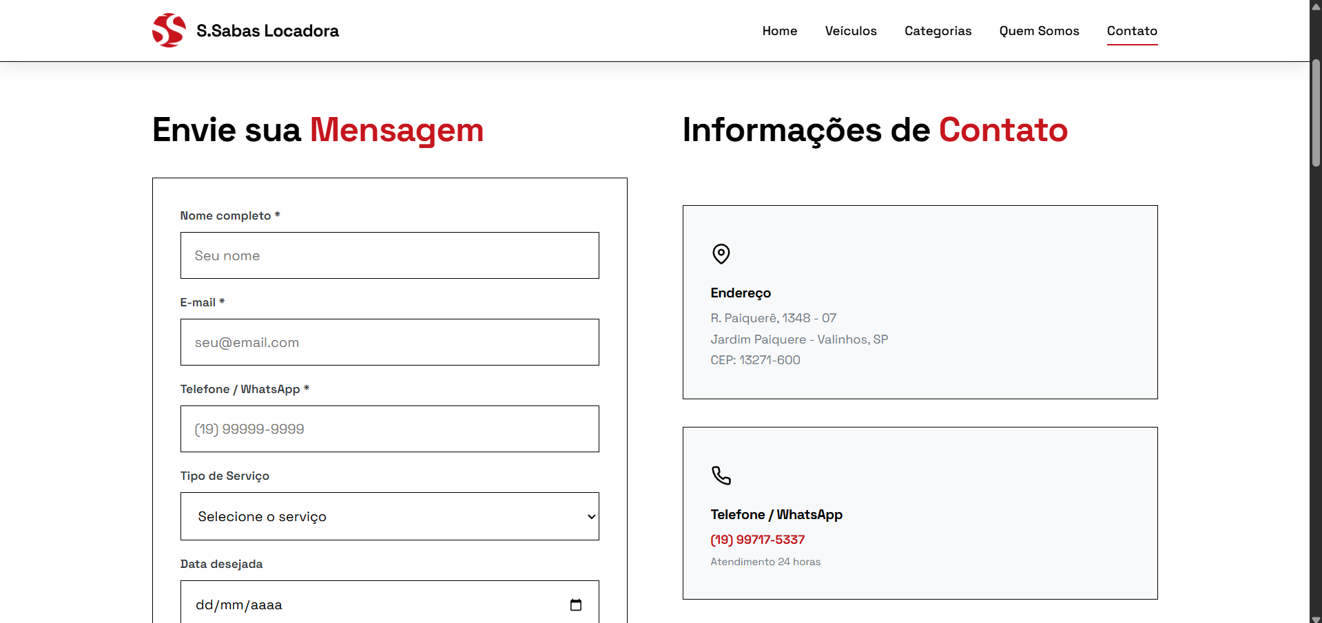 Contact page with a message form and the company address and phone