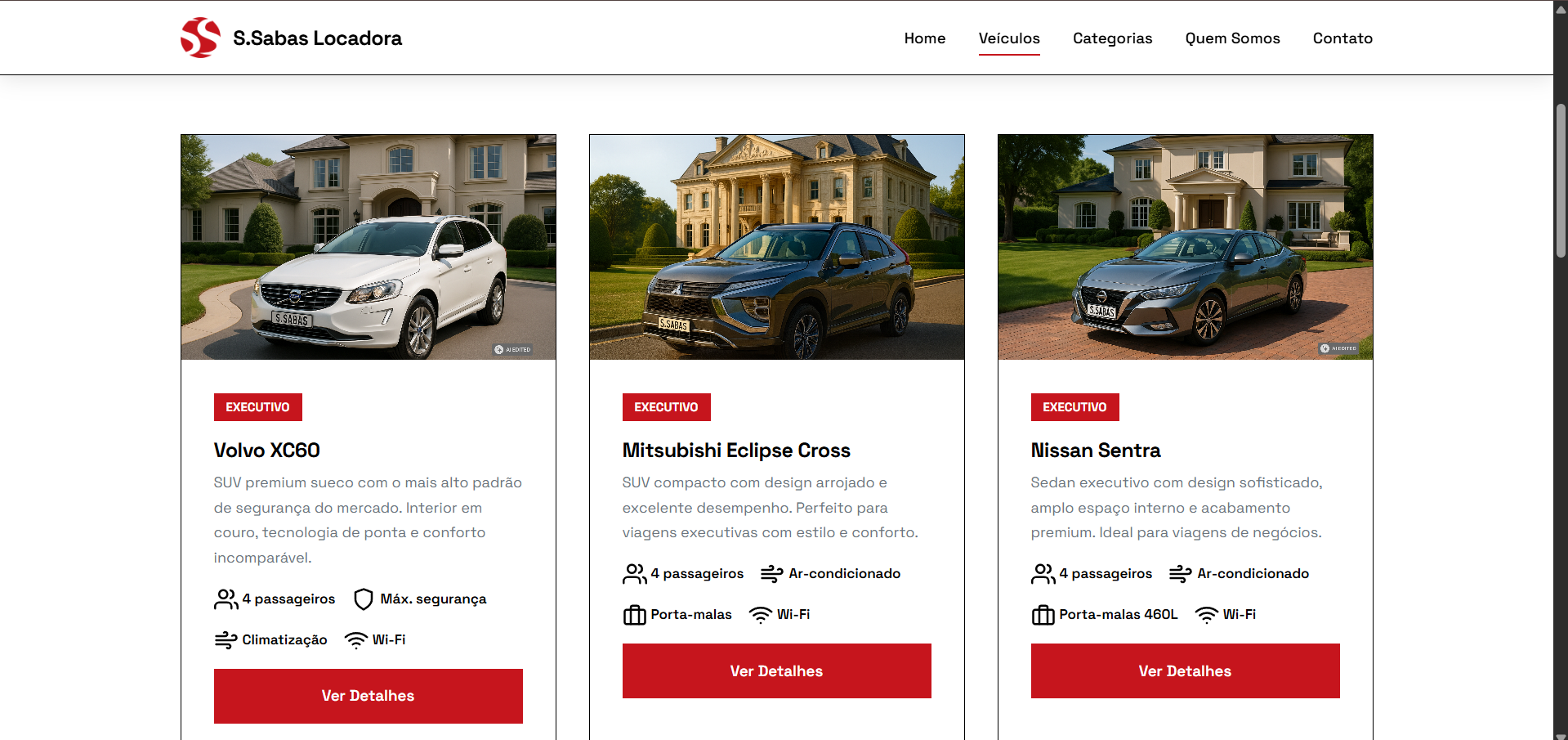Vehicles page with executive car cards and view details buttons
