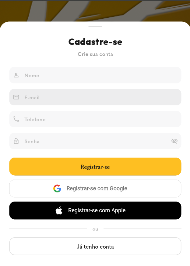 Customer app sign-up sheet with name, email, phone and password fields and Google and Apple options