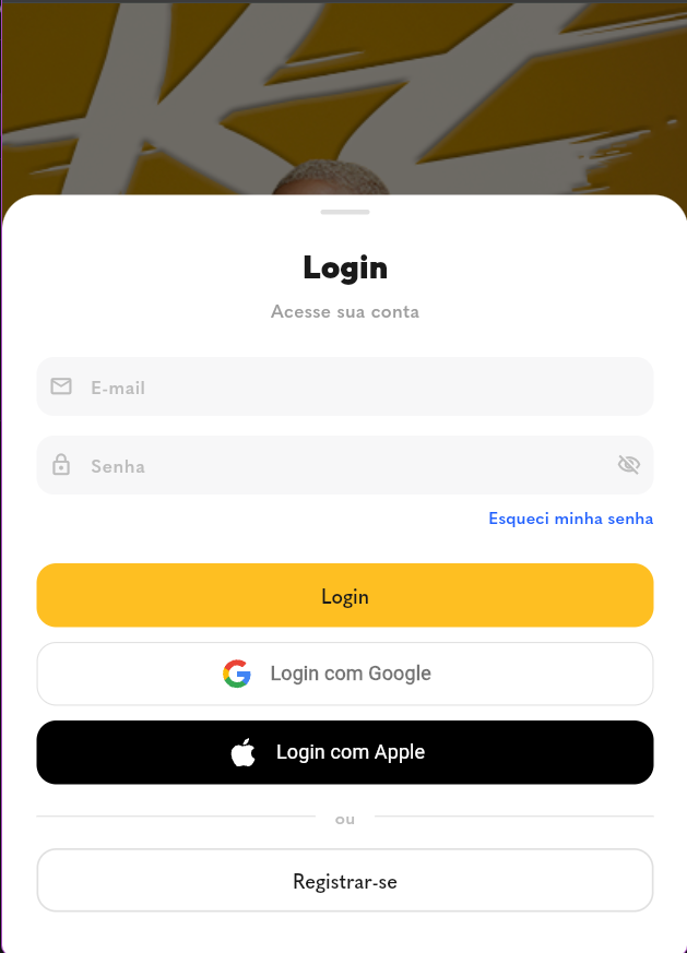 Customer app login sheet with email and password fields and Google and Apple sign-in