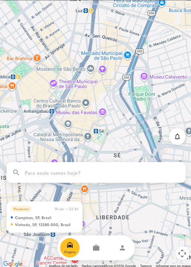 Customer app home map with a destination search bar and a pending trip card