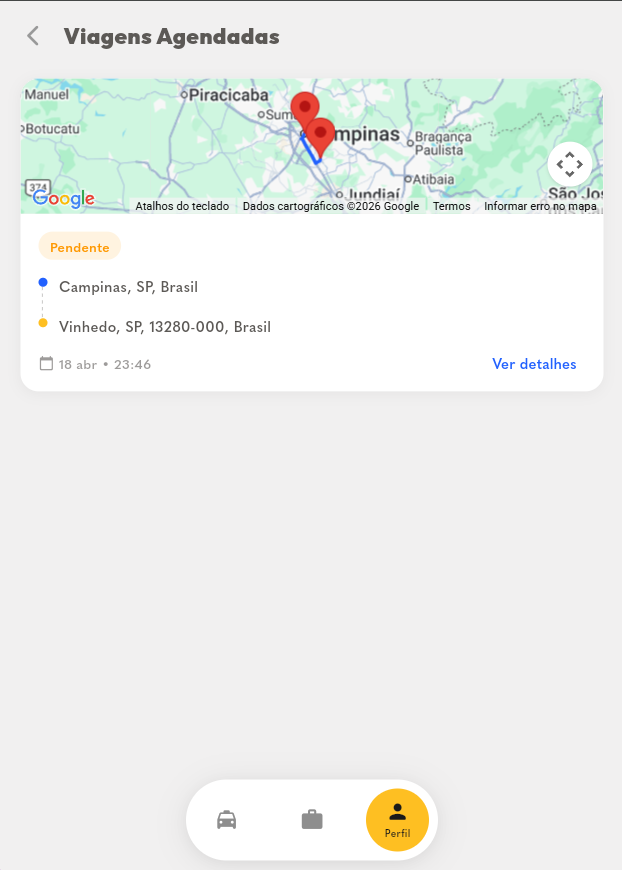 Scheduled trips list with a route map and a pending trip card