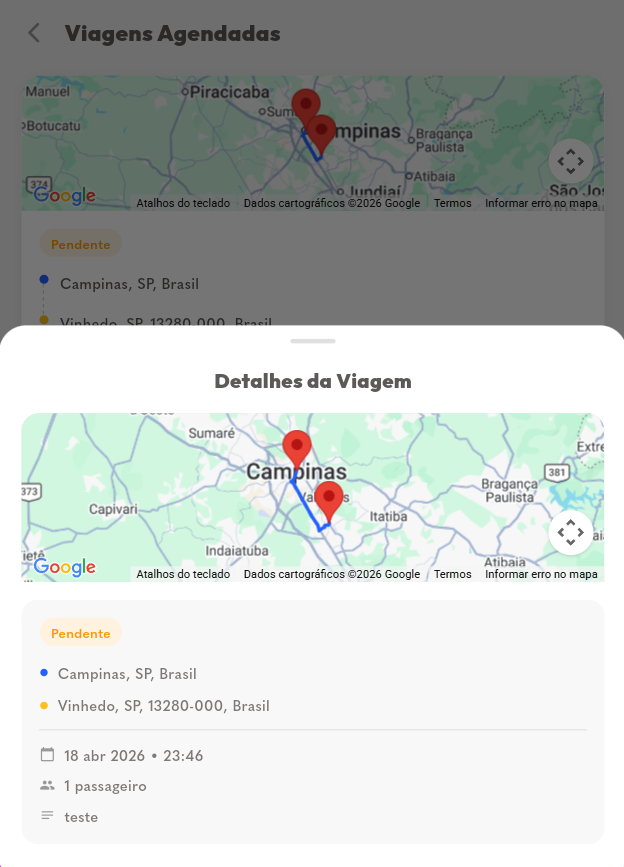 Trip details sheet with a route map, date, passenger count and notes
