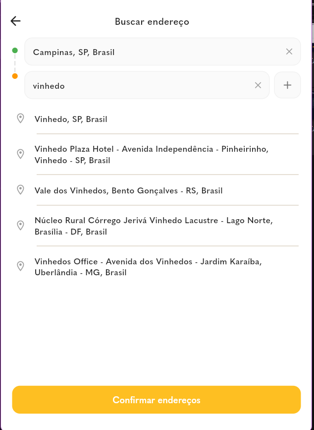 Address search screen with origin and destination fields and place suggestions
