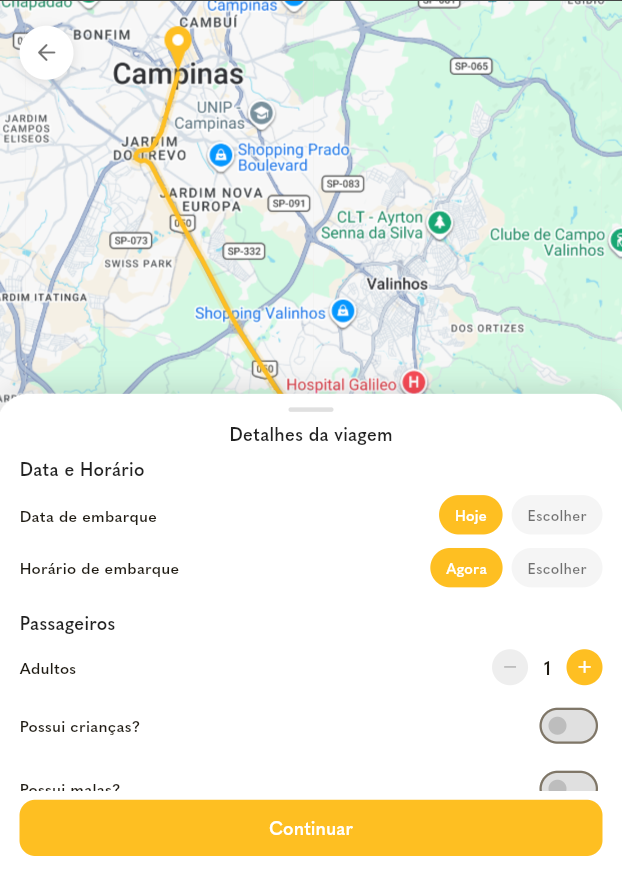 Trip booking sheet over a route map with date, time and passenger options