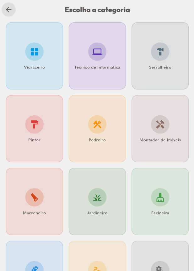 Service category picker with tiles for glazier, IT technician, painter, gardener, cleaner and more