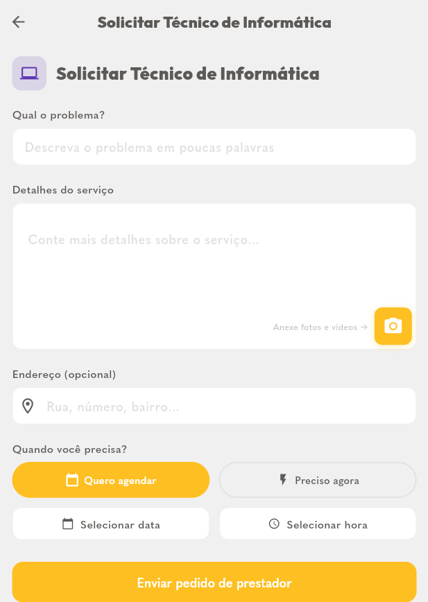 Service request form with problem description, photo and video attachment, address and scheduling options