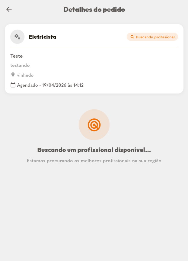 Service request details while the app searches for an available professional