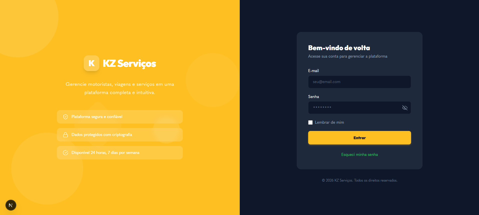 Admin sign-in screen split between a yellow brand panel and a dark login form